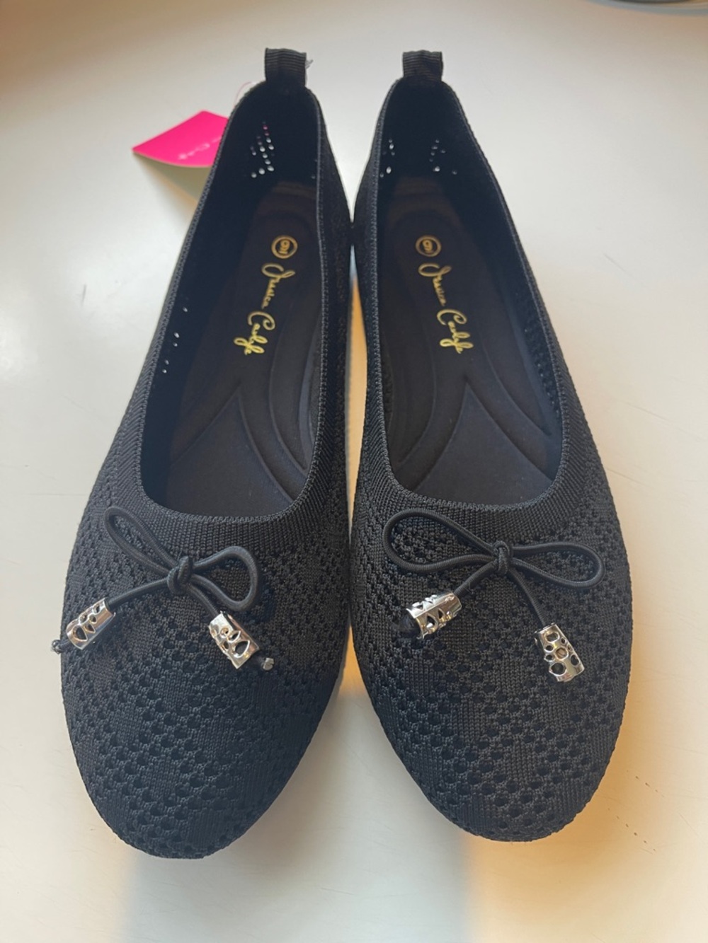 Black Knit Ballet Flats with Bow Accent